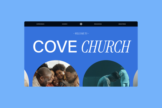 Modern church website template design with clean typography and diverse people images for web graphics and mockup category.